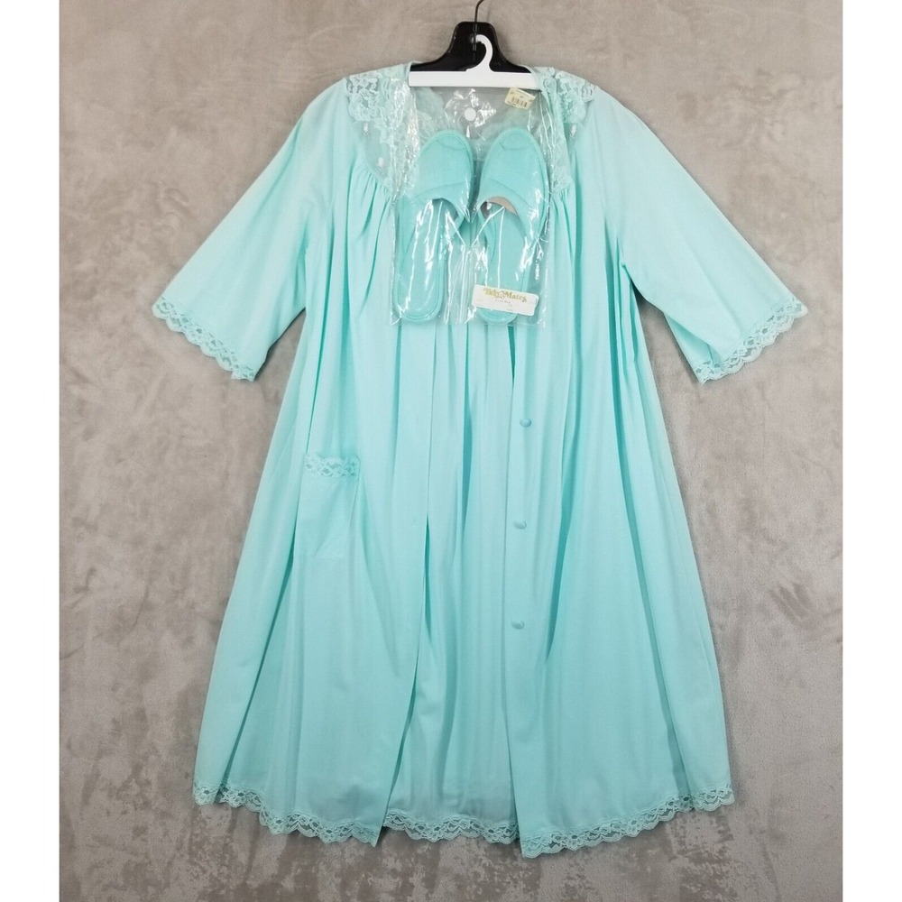 Vtg Shadowline Peignoir Set Women S Nylon Lace Rose Robe Nightgown Slippers 60's